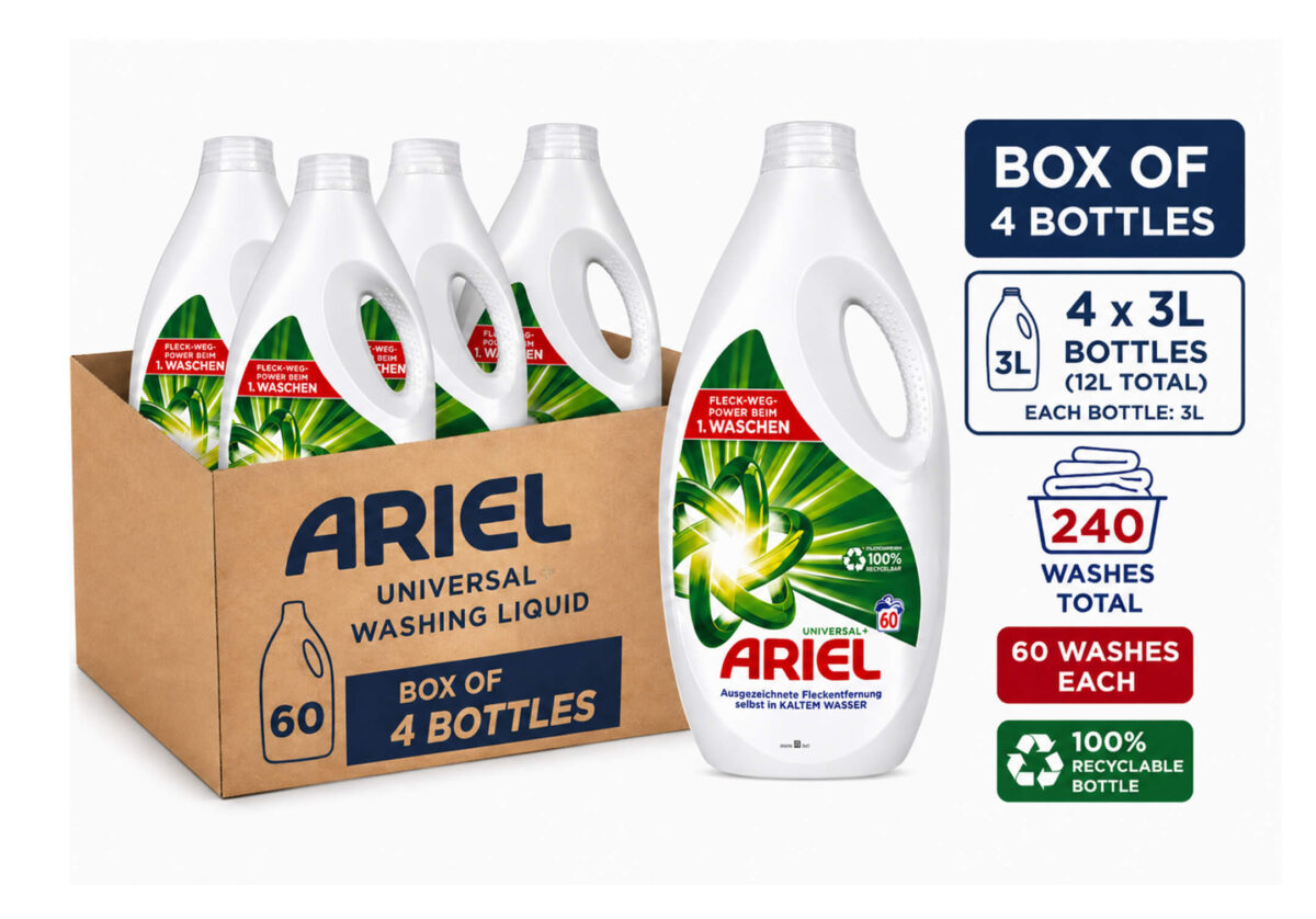 Ariel Universal Liquid Washing Gel 3L x4 Bottles (60 Washes Each) – 240 Washes Total